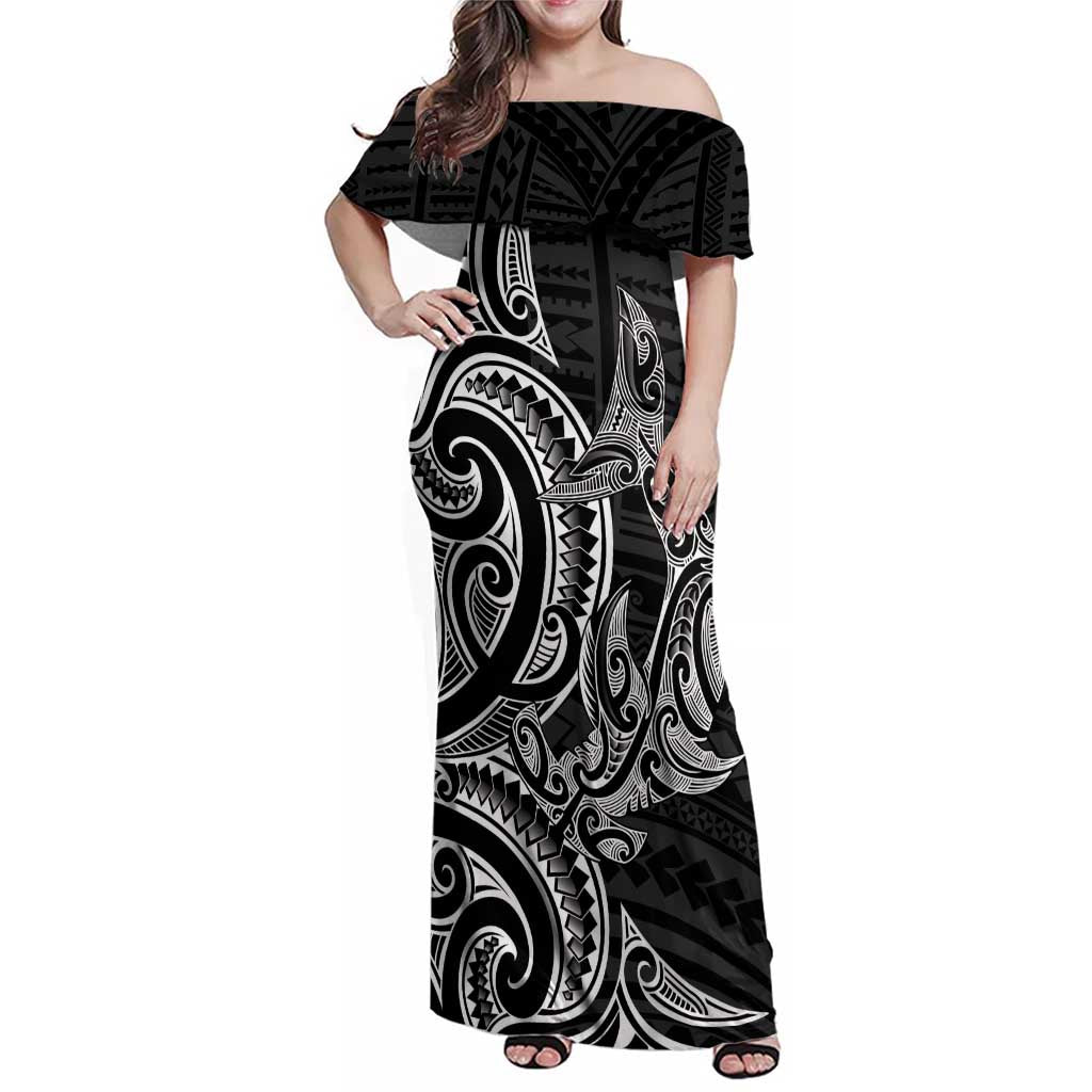 New Zealand Hammerhead Shark Family Matching Off Shoulder Maxi Dress and Hawaiian Shirt Maori Haehae Mangopare Black - Polynesian Pride