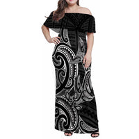 New Zealand Hammerhead Shark Family Matching Off Shoulder Maxi Dress and Hawaiian Shirt Maori Haehae Mangopare Black - Polynesian Pride