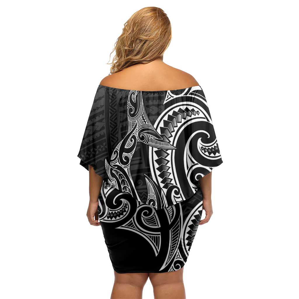 New Zealand Hammerhead Shark Family Matching Off Shoulder Short Dress and Hawaiian Shirt Maori Haehae Mangopare Black - Polynesian Pride