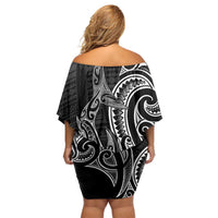 New Zealand Hammerhead Shark Family Matching Off Shoulder Short Dress and Hawaiian Shirt Maori Haehae Mangopare Black - Polynesian Pride