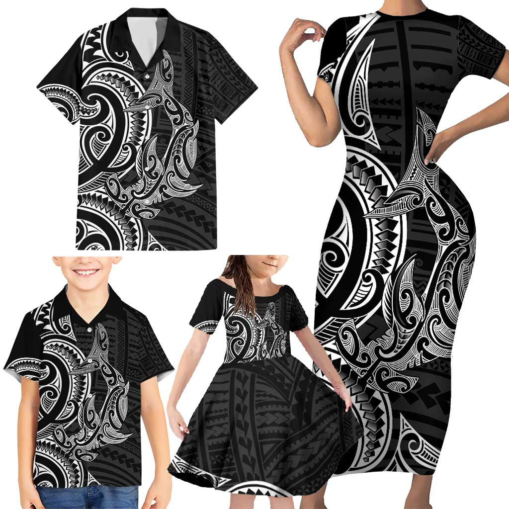New Zealand Hammerhead Shark Family Matching Short Sleeve Bodycon Dress and Hawaiian Shirt Maori Haehae Mangopare Black - Polynesian Pride
