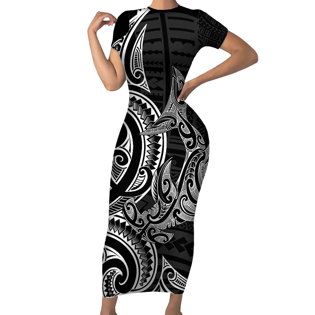 New Zealand Hammerhead Shark Family Matching Short Sleeve Bodycon Dress and Hawaiian Shirt Maori Haehae Mangopare Black - Polynesian Pride