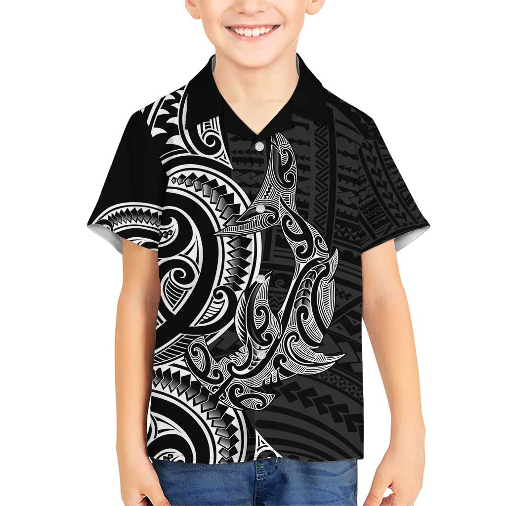 New Zealand Hammerhead Shark Family Matching Short Sleeve Bodycon Dress and Hawaiian Shirt Maori Haehae Mangopare Black - Polynesian Pride