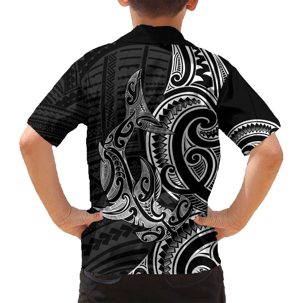 New Zealand Hammerhead Shark Family Matching Summer Maxi Dress and Hawaiian Shirt Maori Haehae Mangopare Black - Polynesian Pride