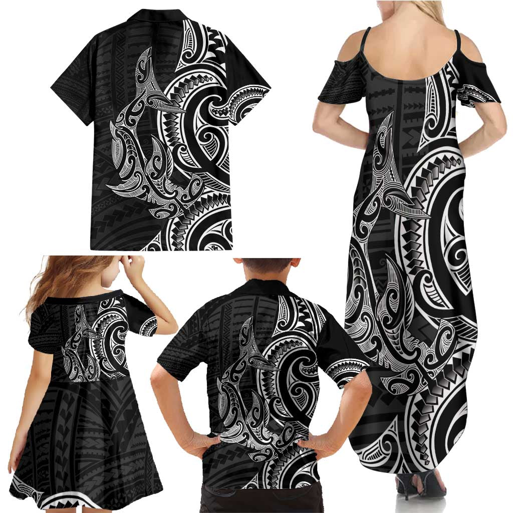 New Zealand Hammerhead Shark Family Matching Summer Maxi Dress and Hawaiian Shirt Maori Haehae Mangopare Black - Polynesian Pride