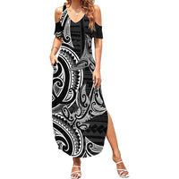 New Zealand Hammerhead Shark Family Matching Summer Maxi Dress and Hawaiian Shirt Maori Haehae Mangopare Black - Polynesian Pride
