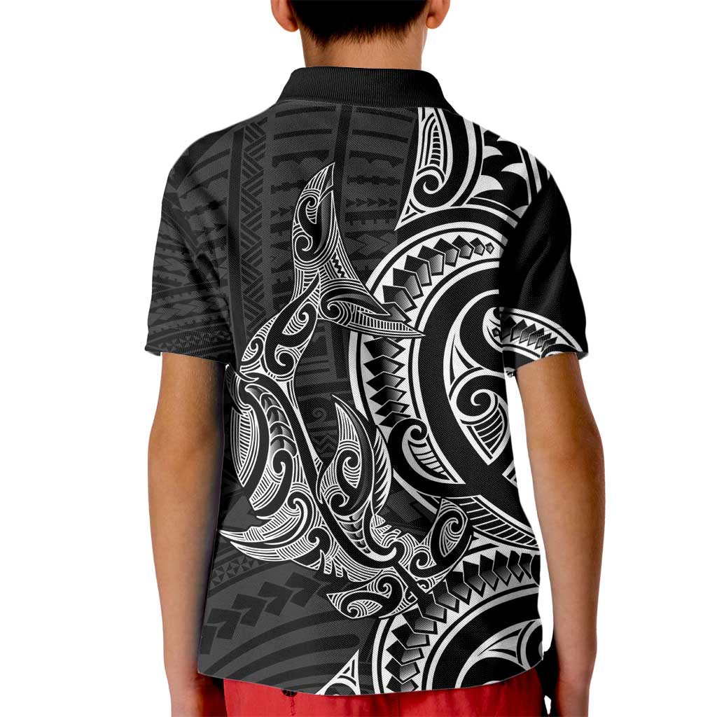 New Zealand Hammerhead Shark Kid Polo Shirt Maori Haehae Mangopare Black - Polynesian Pride