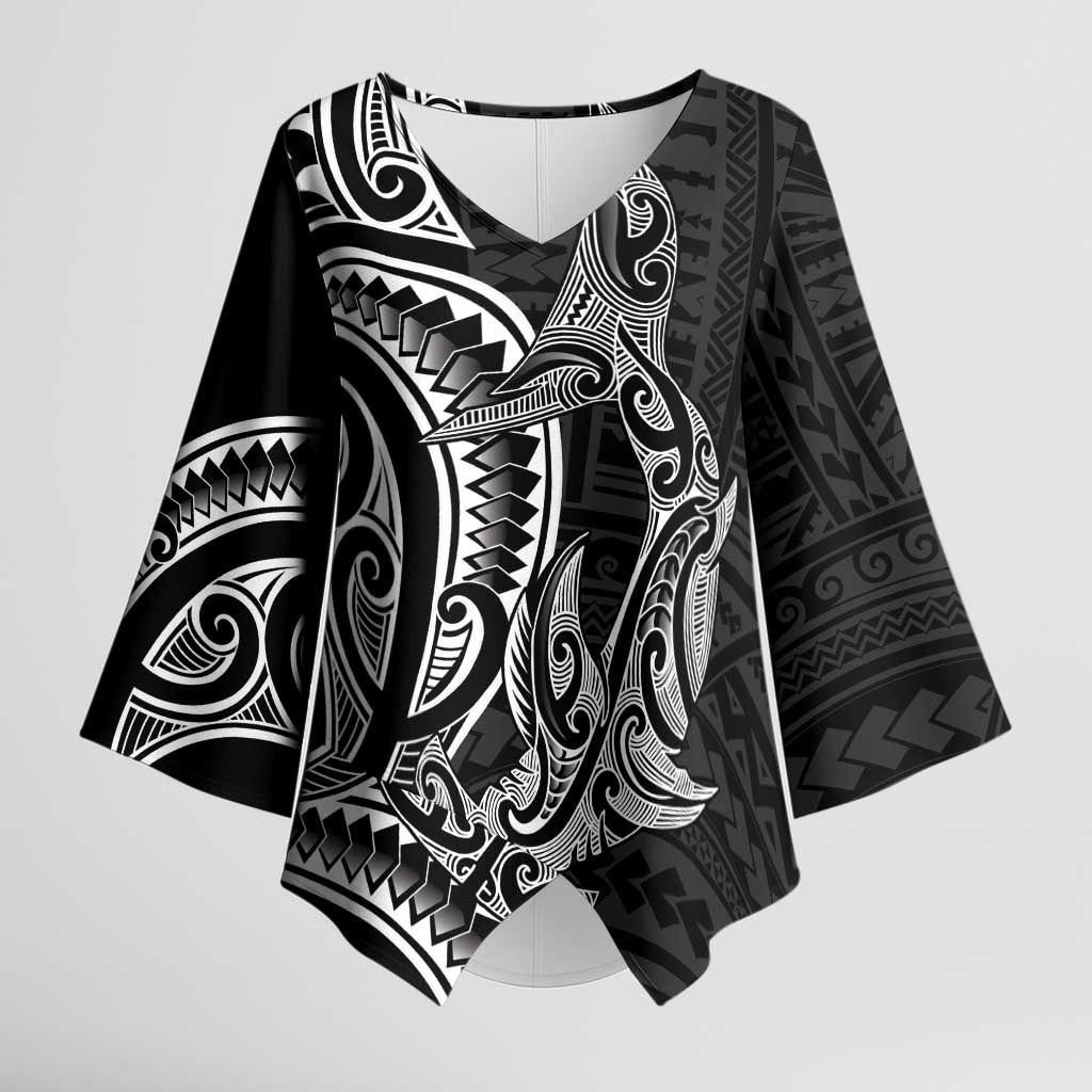 New Zealand Hammerhead Shark Kimono Sleeve Blouse Maori Haehae Mangopare Black LT14 Female Black - Polynesian Pride