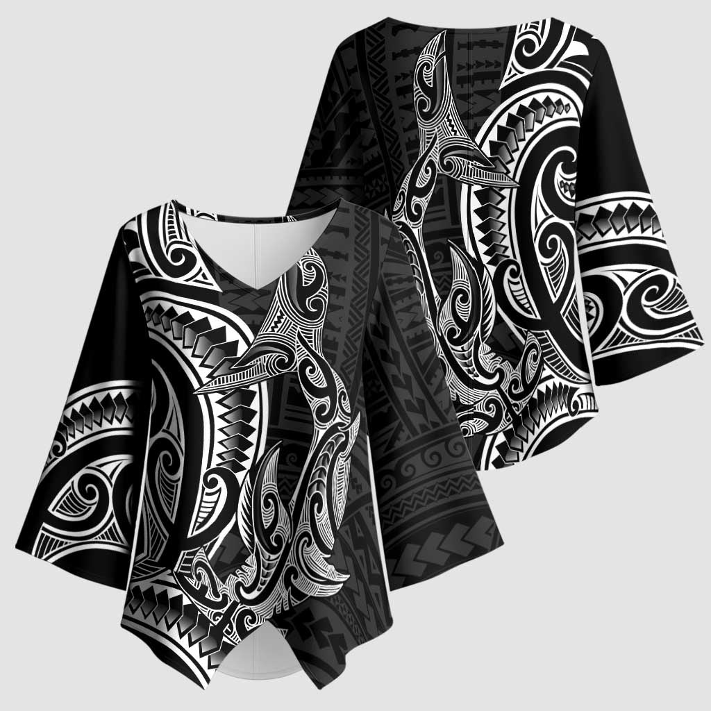 New Zealand Hammerhead Shark Kimono Sleeve Blouse Maori Haehae Mangopare Black LT14 - Polynesian Pride