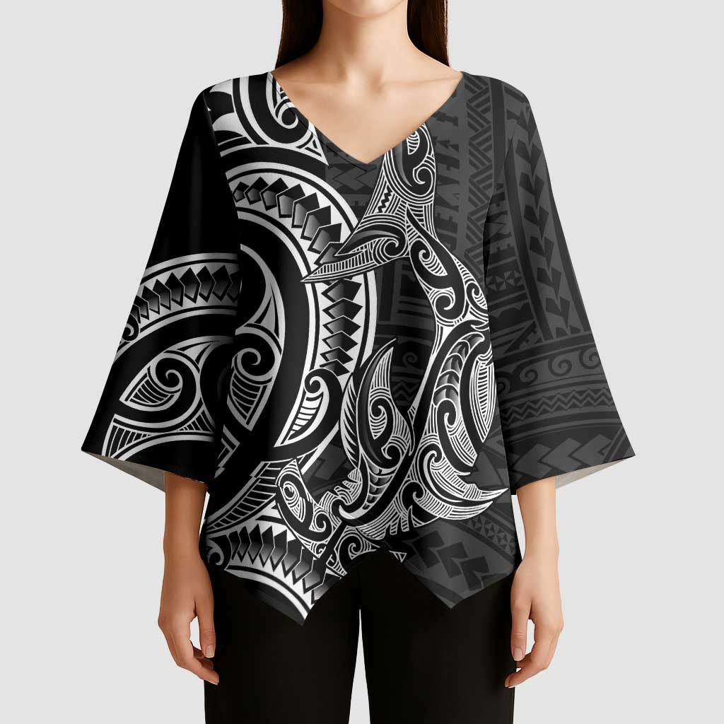 New Zealand Hammerhead Shark Kimono Sleeve Blouse Maori Haehae Mangopare Black LT14 - Polynesian Pride