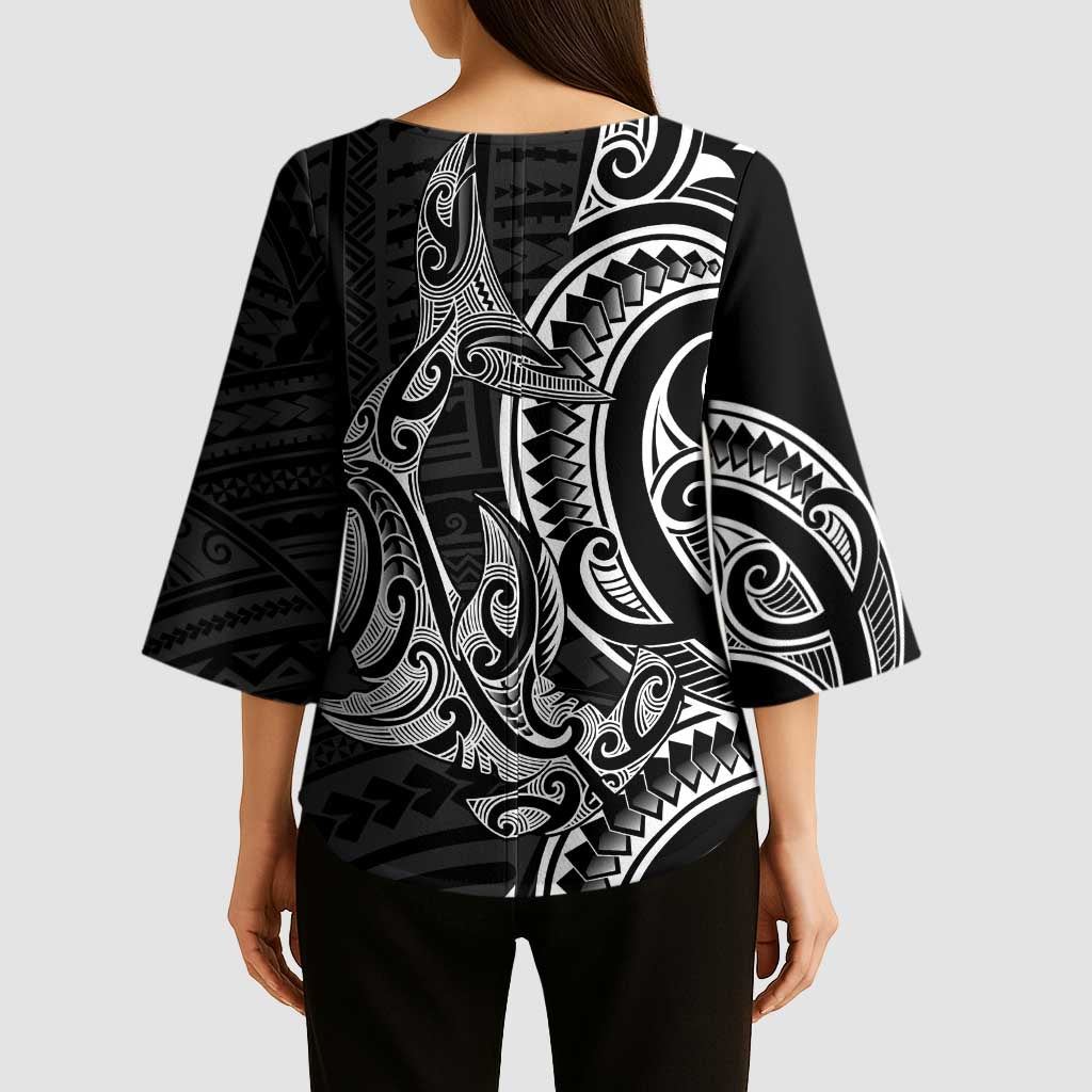 New Zealand Hammerhead Shark Kimono Sleeve Blouse Maori Haehae Mangopare Black LT14 - Polynesian Pride