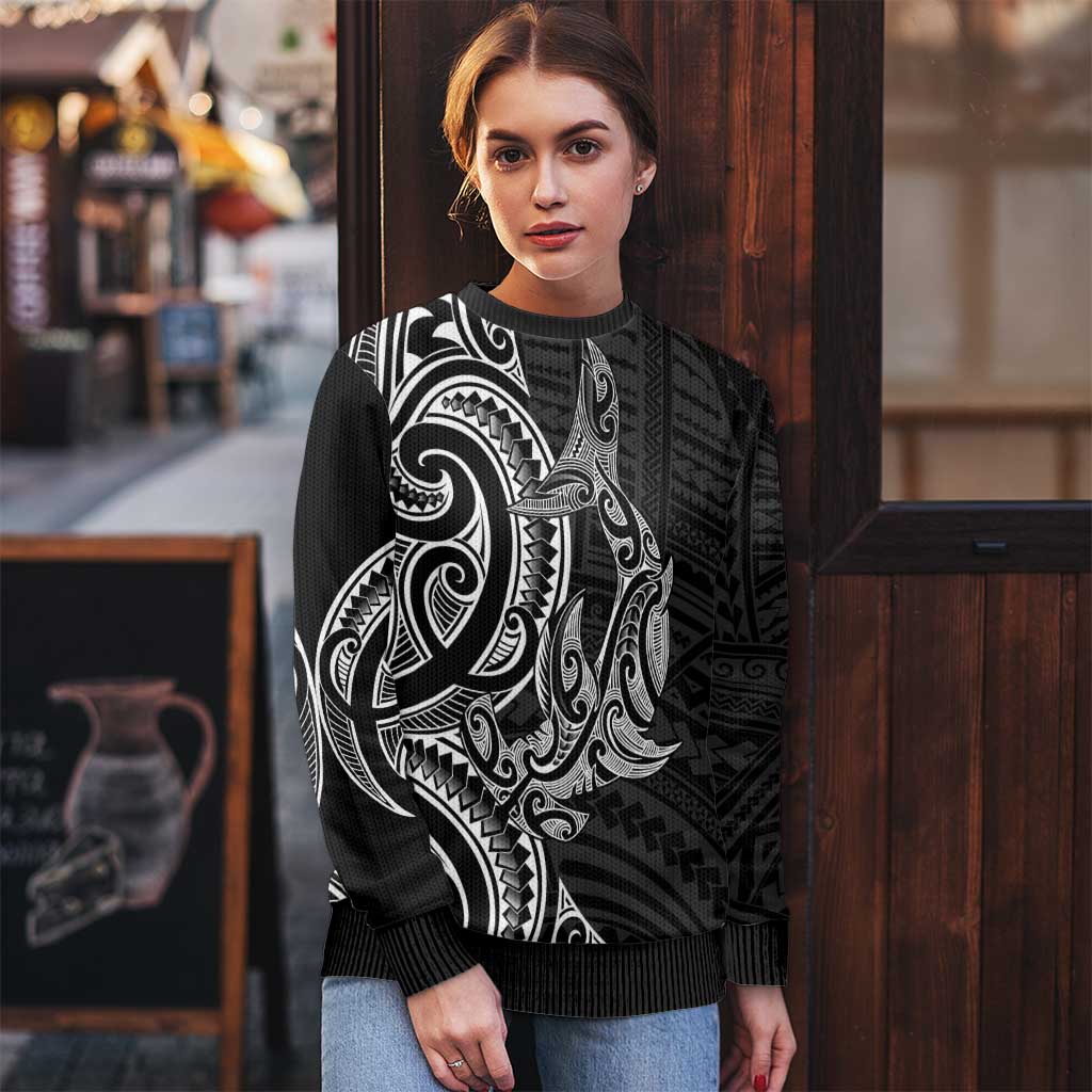 New Zealand Hammerhead Shark Ugly Christmas Sweater Maori Haehae Mangopare Black - Polynesian Pride