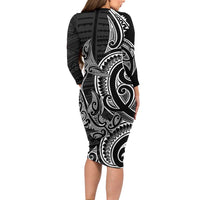 New Zealand Hammerhead Shark Long Sleeve Bodycon Dress Maori Haehae Mangopare Black - Polynesian Pride