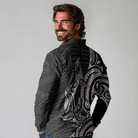New Zealand Hammerhead Shark Long Sleeve Polo Shirt Maori Haehae Mangopare Black - Polynesian Pride