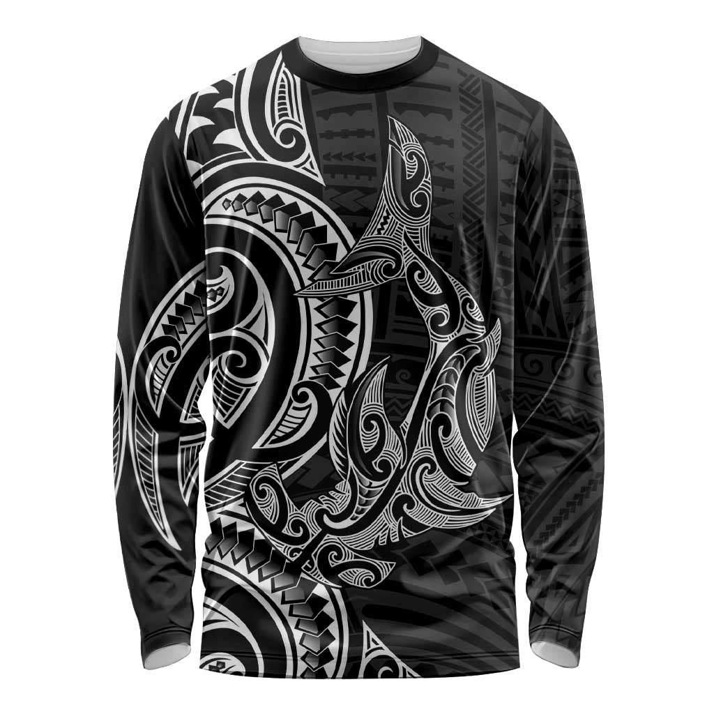 New Zealand Hammerhead Shark Long Sleeve Shirt Maori Haehae Mangopare Black - Polynesian Pride