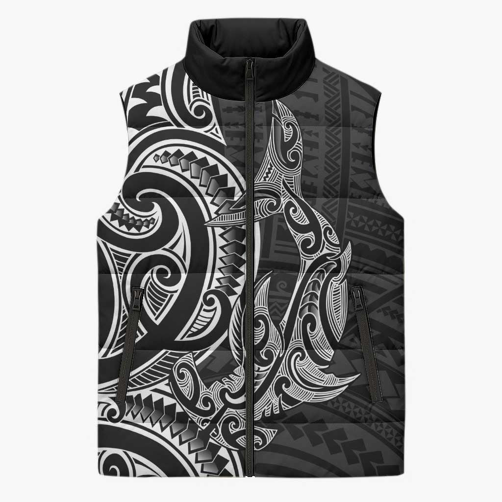 New Zealand Hammerhead Shark Sleeveless Puffer Jacket Maori Haehae Mangopare Black LT14 Unisex Black - Polynesian Pride