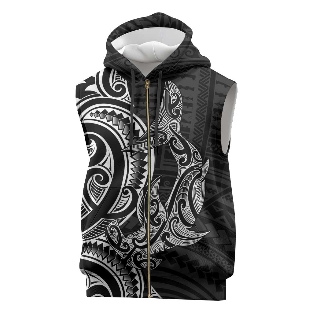 New Zealand Hammerhead Shark Sleeveless Zip Hoodie Maori Haehae Mangopare Black - Polynesian Pride