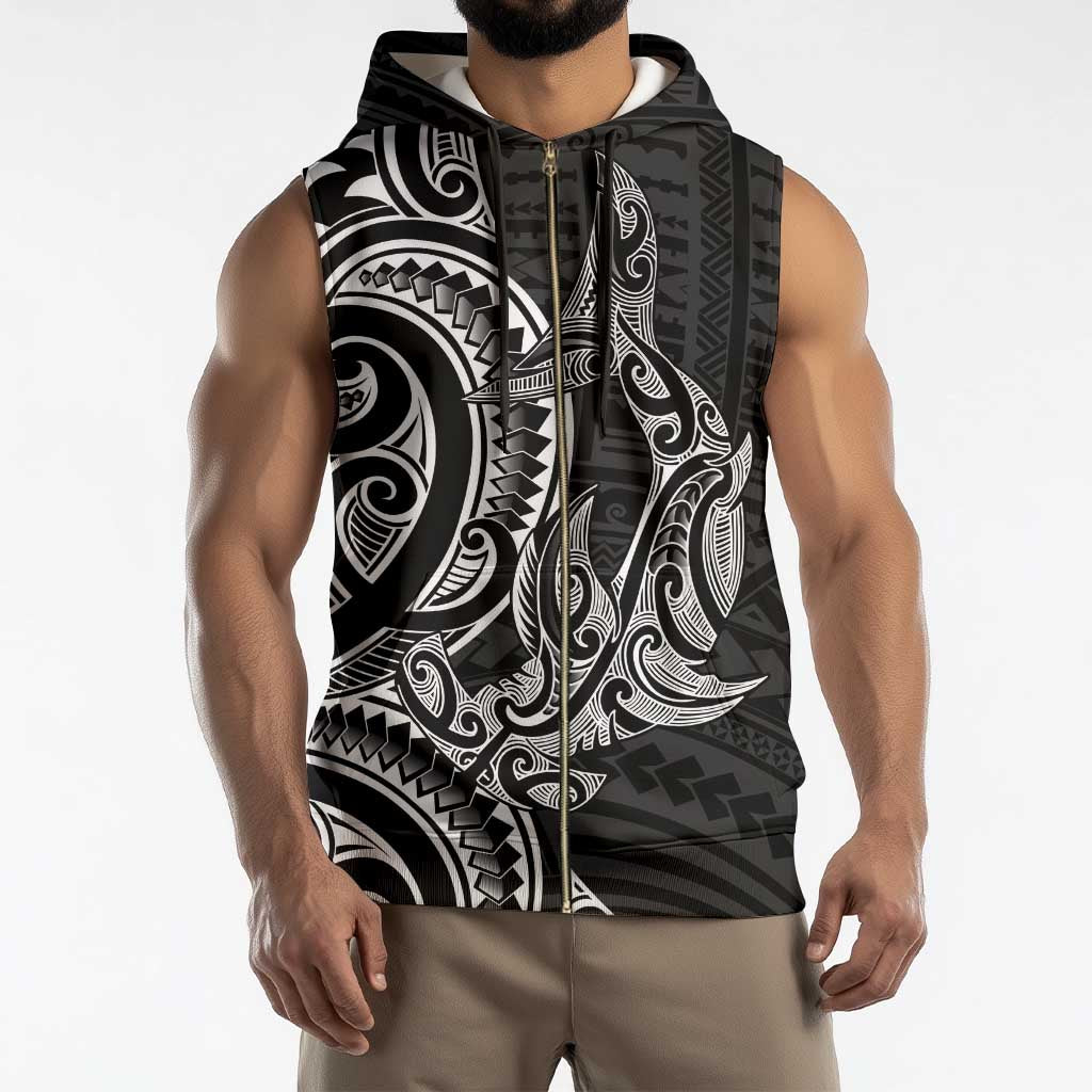 New Zealand Hammerhead Shark Sleeveless Zip Hoodie Maori Haehae Mangopare Black - Polynesian Pride