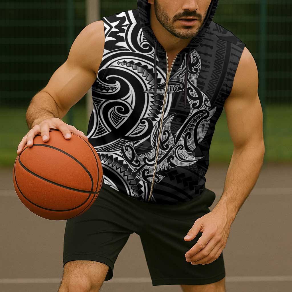 New Zealand Hammerhead Shark Sleeveless Zip Hoodie Maori Haehae Mangopare Black - Polynesian Pride