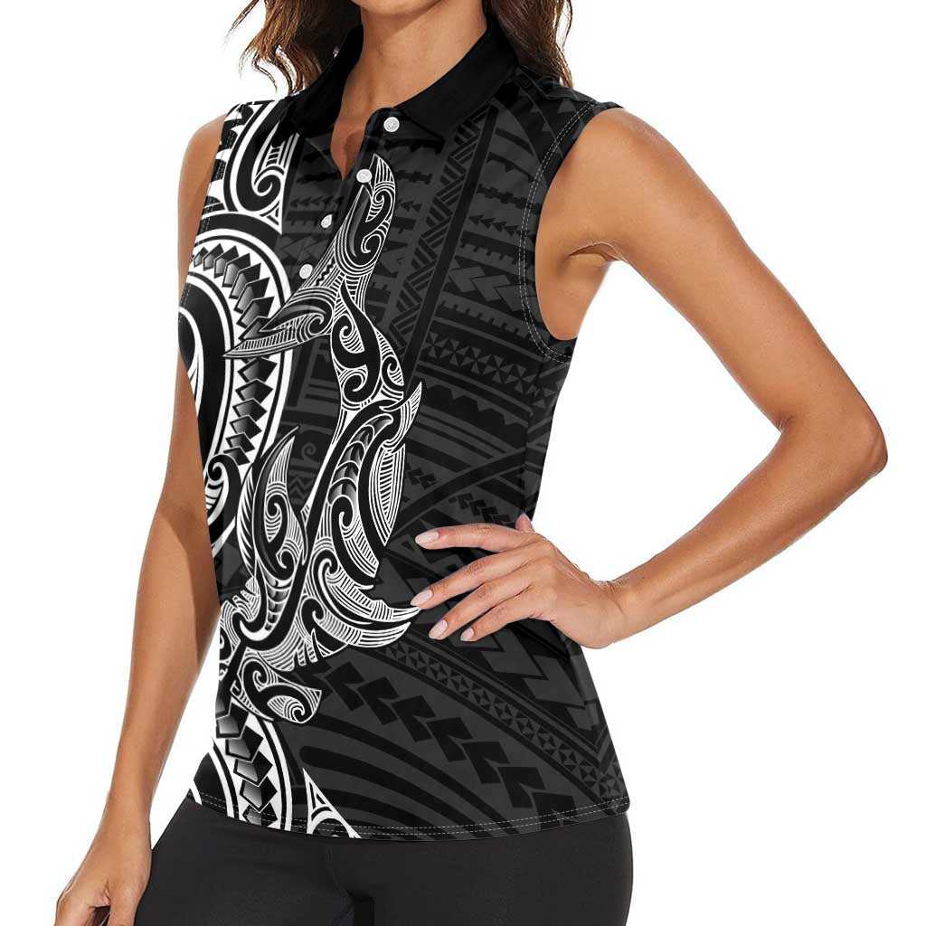 New Zealand Hammerhead Shark Women Sleeveless Polo Shirt Maori Haehae Mangopare Black - Polynesian Pride