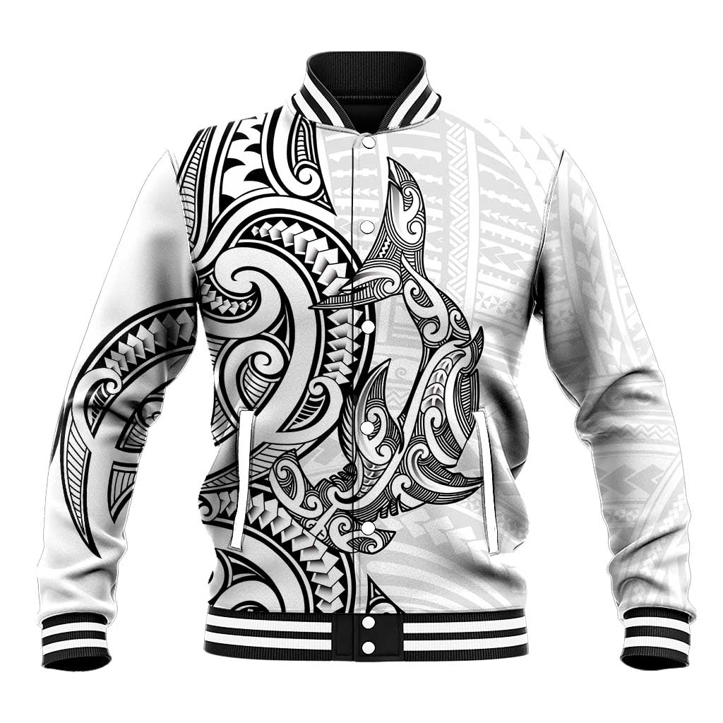 New Zealand Hammerhead Shark Baseball Jacket Maori Haehae Mangopare White LT14 Unisex White - Polynesian Pride