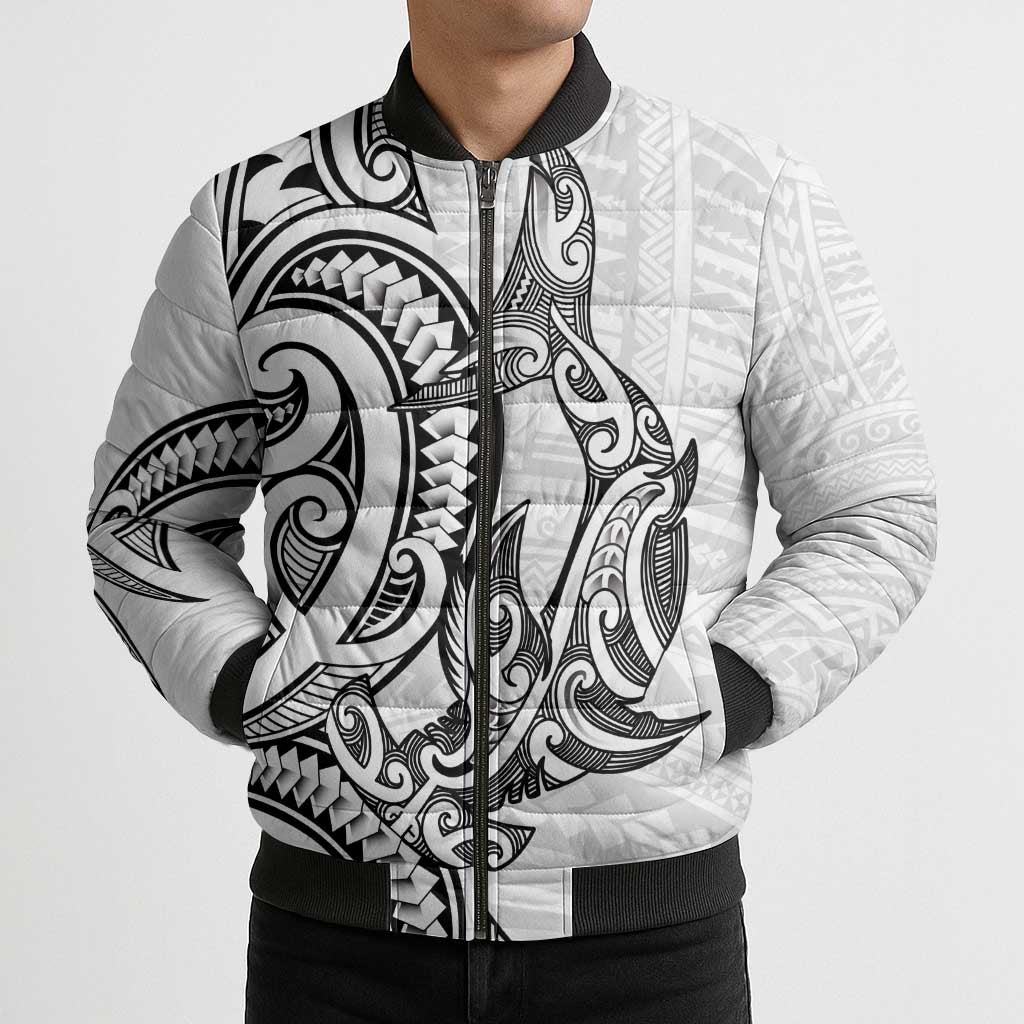New Zealand Hammerhead Shark Bomber Puffer Jacket Maori Haehae Mangopare White - Polynesian Pride