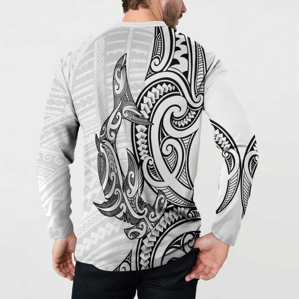 New Zealand Hammerhead Shark Button Sweatshirt Maori Haehae Mangopare White - Polynesian Pride