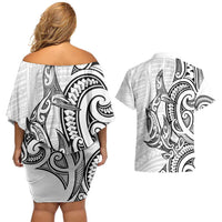 New Zealand Hammerhead Shark Couples Matching Off Shoulder Short Dress and Hawaiian Shirt Maori Haehae Mangopare White - Polynesian Pride