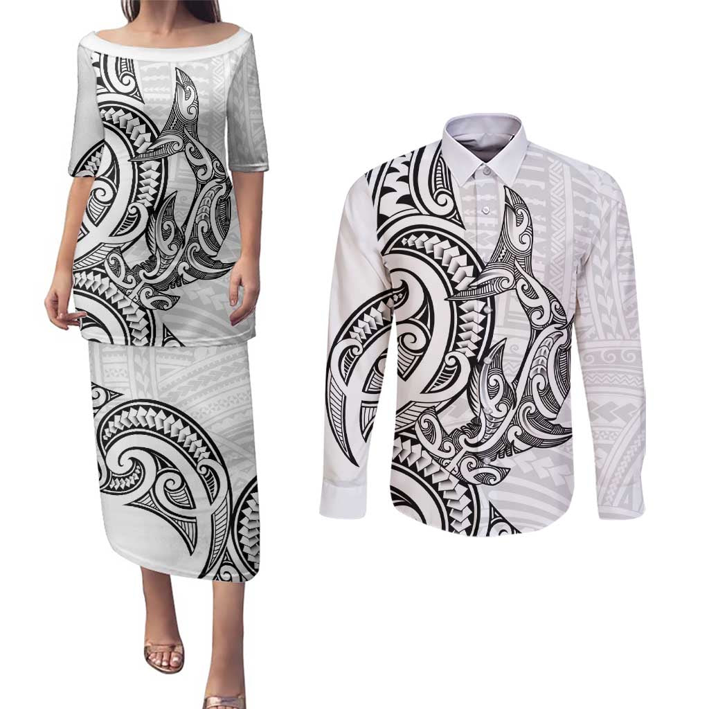 New Zealand Hammerhead Shark Couples Matching Puletasi and Long Sleeve Button Shirt Maori Haehae Mangopare White - Polynesian Pride