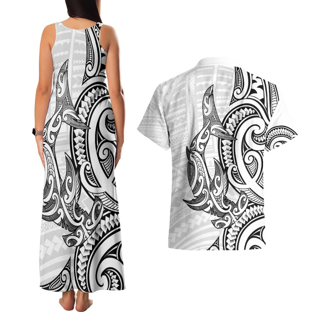 New Zealand Hammerhead Shark Couples Matching Tank Maxi Dress and Hawaiian Shirt Maori Haehae Mangopare White - Polynesian Pride