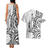 New Zealand Hammerhead Shark Couples Matching Tank Maxi Dress and Hawaiian Shirt Maori Haehae Mangopare White - Polynesian Pride