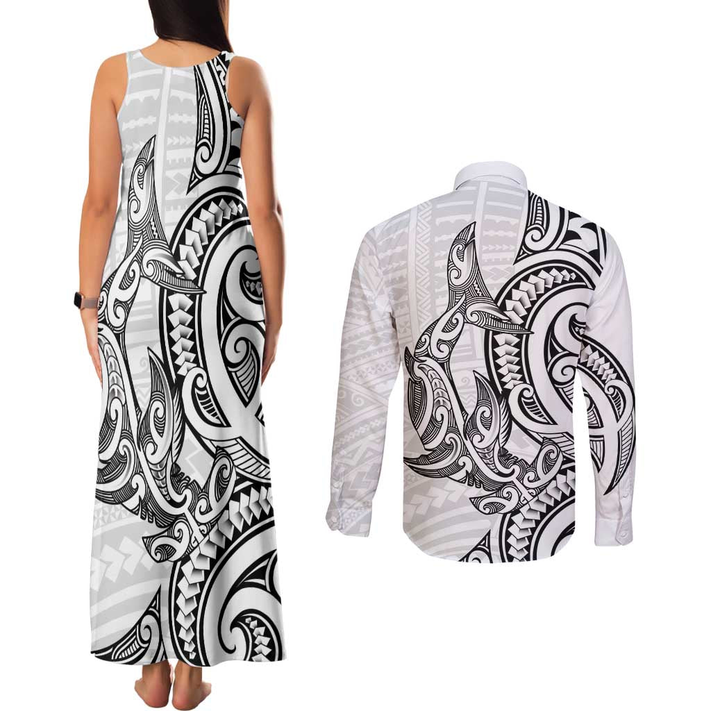 New Zealand Hammerhead Shark Couples Matching Tank Maxi Dress and Long Sleeve Button Shirt Maori Haehae Mangopare White - Polynesian Pride