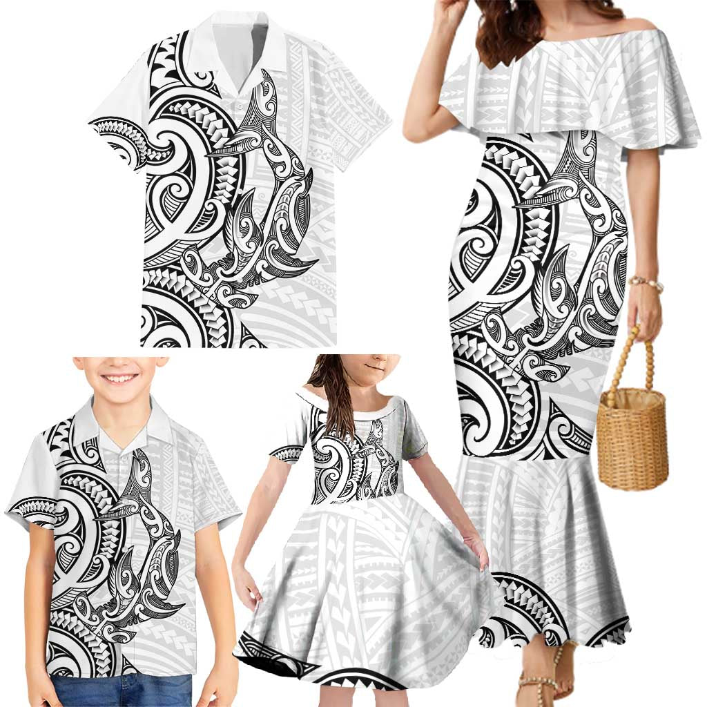 New Zealand Hammerhead Shark Family Matching Mermaid Dress and Hawaiian Shirt Maori Haehae Mangopare White - Polynesian Pride