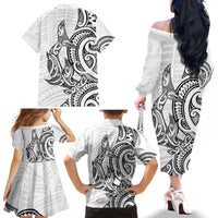 New Zealand Hammerhead Shark Family Matching Off The Shoulder Long Sleeve Dress and Hawaiian Shirt Maori Haehae Mangopare White - Polynesian Pride