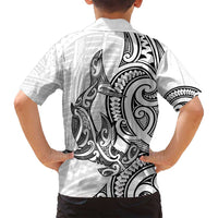 New Zealand Hammerhead Shark Family Matching Off Shoulder Short Dress and Hawaiian Shirt Maori Haehae Mangopare White - Polynesian Pride