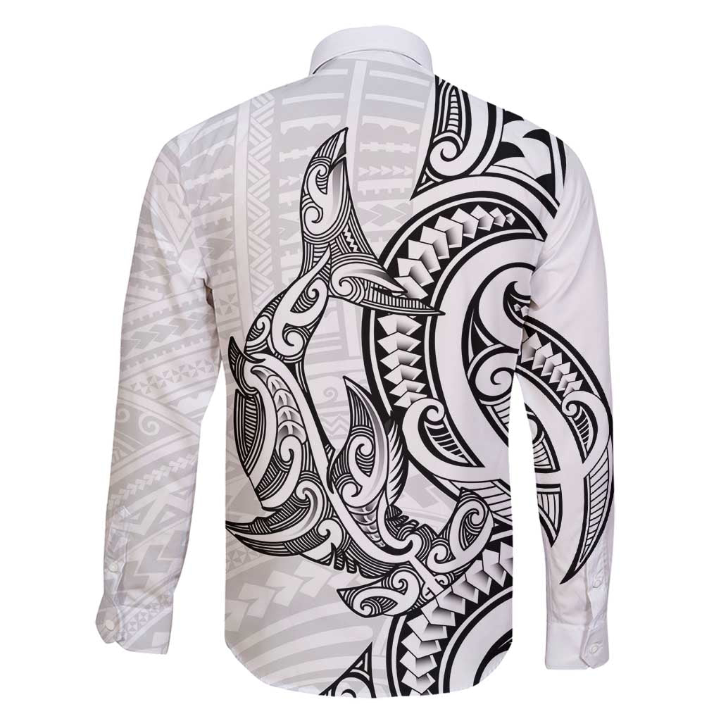 New Zealand Hammerhead Shark Family Matching Off Shoulder Short Dress and Hawaiian Shirt Maori Haehae Mangopare White - Polynesian Pride