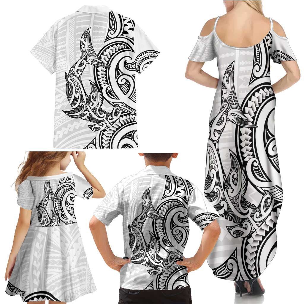 New Zealand Hammerhead Shark Family Matching Summer Maxi Dress and Hawaiian Shirt Maori Haehae Mangopare White - Polynesian Pride