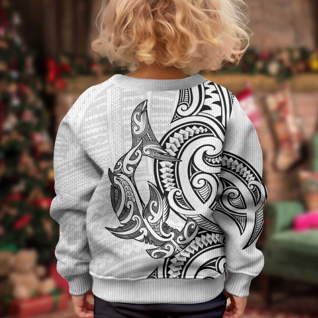 New Zealand Hammerhead Shark Kid Ugly Christmas Sweater Maori Haehae Mangopare White - Polynesian Pride