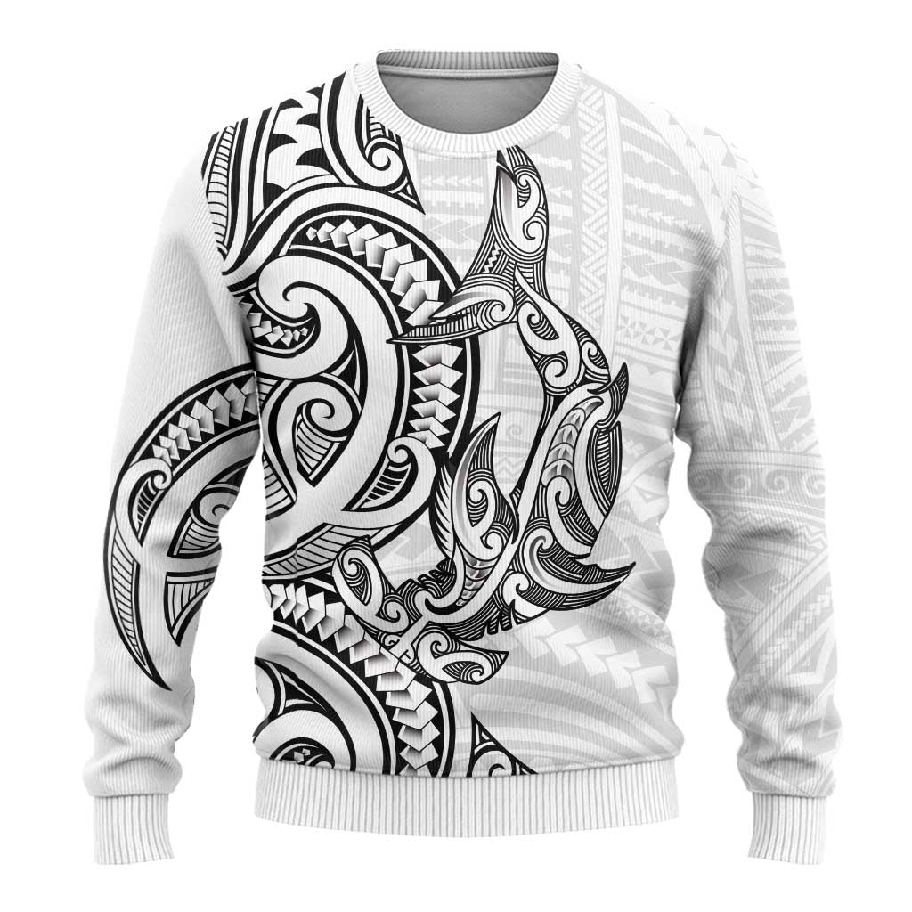 New Zealand Hammerhead Shark Ugly Christmas Sweater Maori Haehae Mangopare White - Polynesian Pride