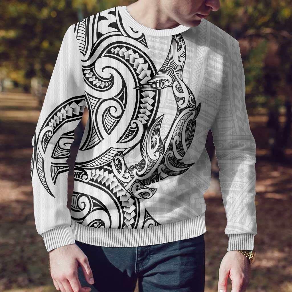 New Zealand Hammerhead Shark Ugly Christmas Sweater Maori Haehae Mangopare White - Polynesian Pride