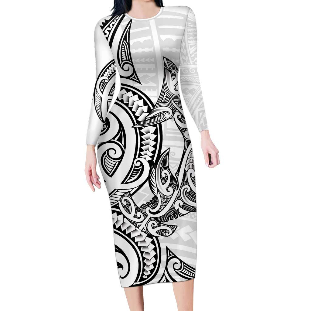 New Zealand Hammerhead Shark Long Sleeve Bodycon Dress Maori Haehae Mangopare White - Polynesian Pride