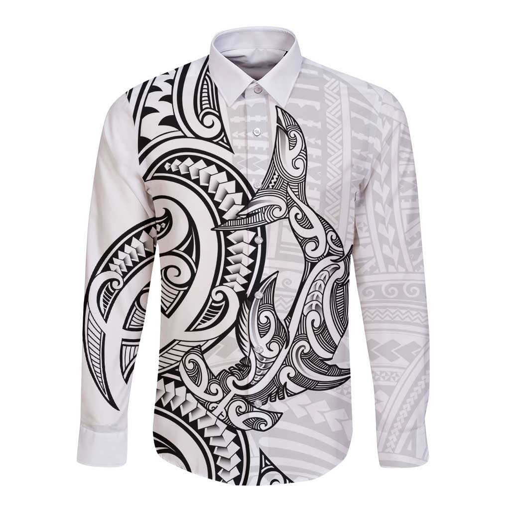 New Zealand Hammerhead Shark Long Sleeve Button Shirt Maori Haehae Mangopare White LT14 Unisex White - Polynesian Pride