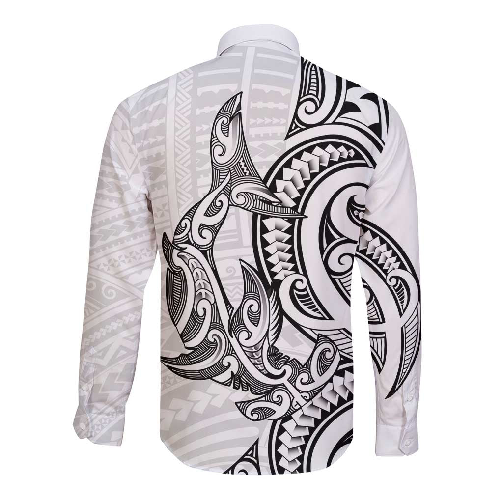 New Zealand Hammerhead Shark Long Sleeve Button Shirt Maori Haehae Mangopare White LT14 - Polynesian Pride