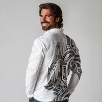 New Zealand Hammerhead Shark Long Sleeve Polo Shirt Maori Haehae Mangopare White - Polynesian Pride