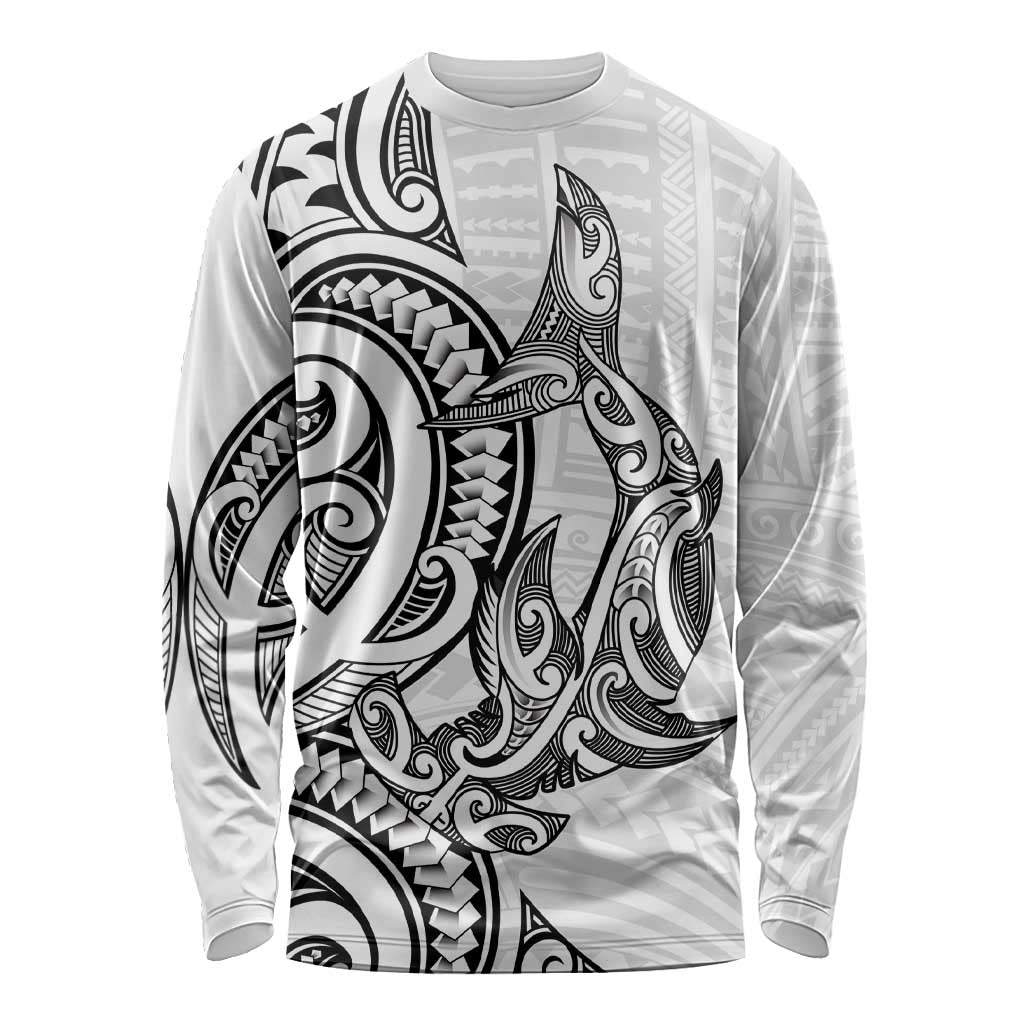New Zealand Hammerhead Shark Long Sleeve Shirt Maori Haehae Mangopare White LT14 Unisex White - Polynesian Pride