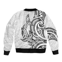 New Zealand Hammerhead Shark Sleeve Zip Bomber Jacket Maori Haehae Mangopare White - Polynesian Pride