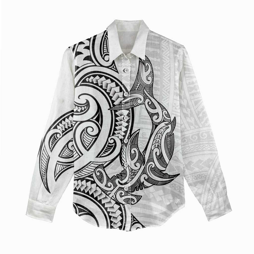 New Zealand Hammerhead Shark Women Casual Shirt Maori Haehae Mangopare White - Polynesian Pride