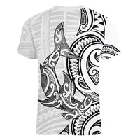 New Zealand Hammerhead Shark Women V-Neck T-Shirt Maori Haehae Mangopare White - Polynesian Pride