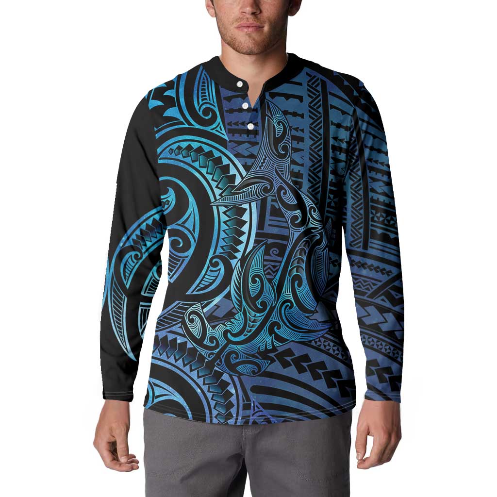 New Zealand Hammerhead Shark Button Sweatshirt Maori Haehae Mangopare Galaxy - Polynesian Pride