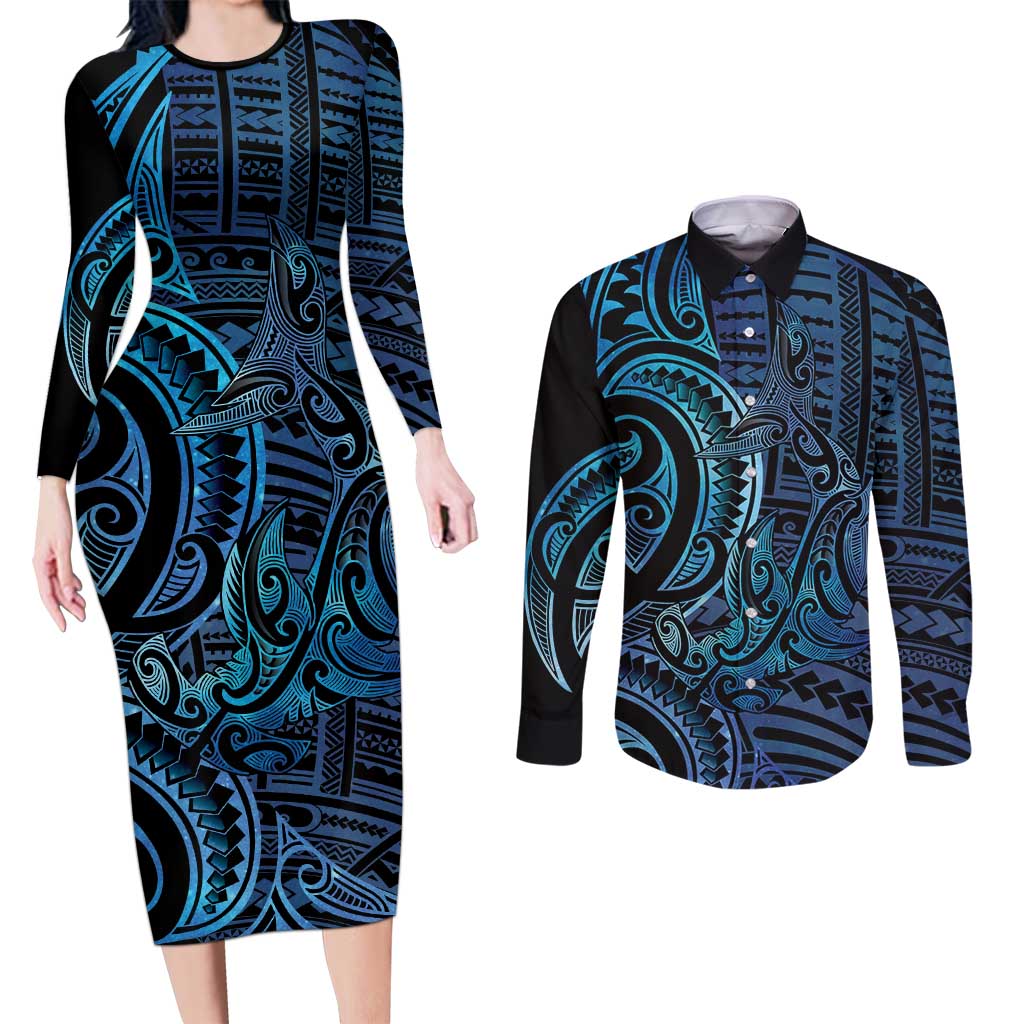 New Zealand Hammerhead Shark Couples Matching Long Sleeve Bodycon Dress and Long Sleeve Button Shirt Maori Haehae Mangopare Galaxy - Polynesian Pride